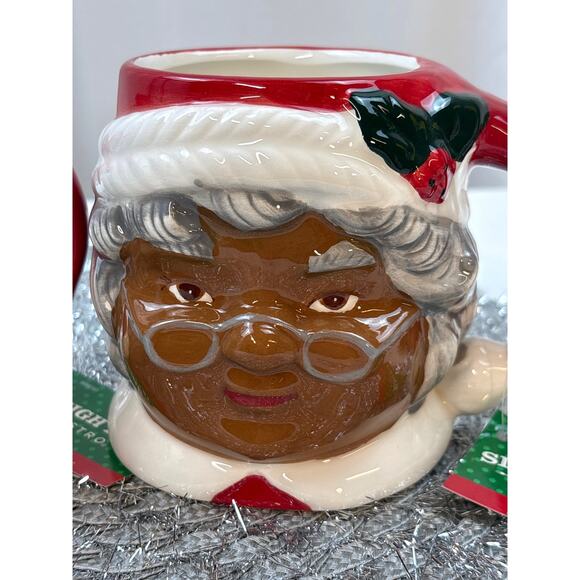Sleigh Bell Bistro Winking African American Santa Mrs Claus Retro Style Mugs (2) - Picture 3 of 9